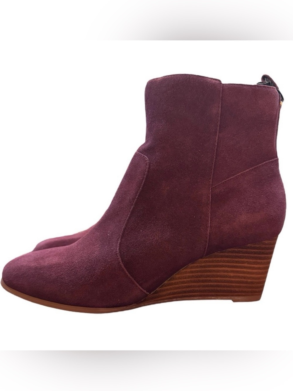 Violet & Red Jay Jay suede stacked heel wedge ankle fall booties burgundy red